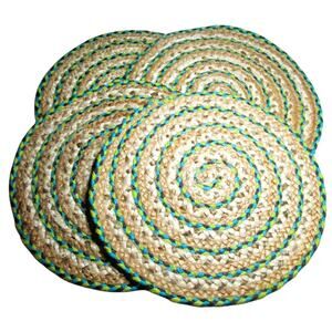 Set of Four Placemats Round Woven Jute Blue Yellow Beige 16 Inches Circumference